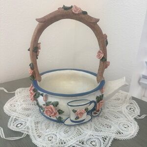 Vintage cottagecore Victorian shabby chic ceramic rose teapot basket